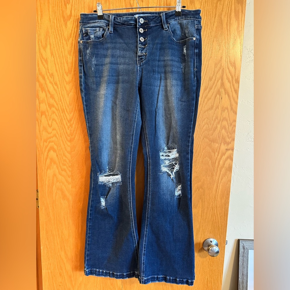 Kancan Button Fly Flare Distressed Jeans size 32